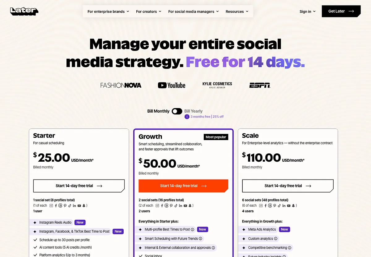 Later's pricing page on monthly billing: Starter at $25, Growth at $50 and Scale at $110 a month