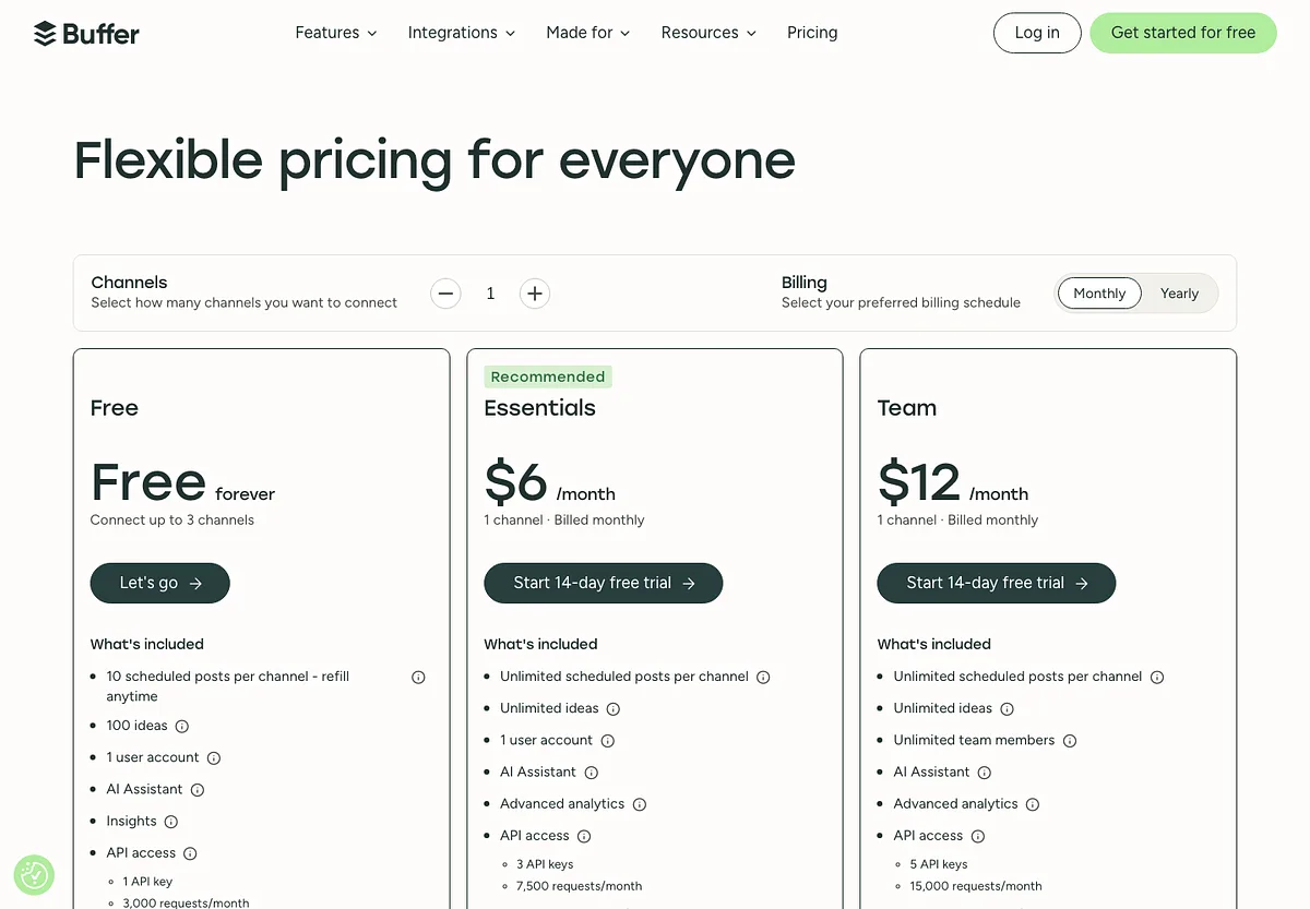 Buffer's pricing page on monthly billing: Free for three channels, Essentials at $6 and Team at $12 per channel