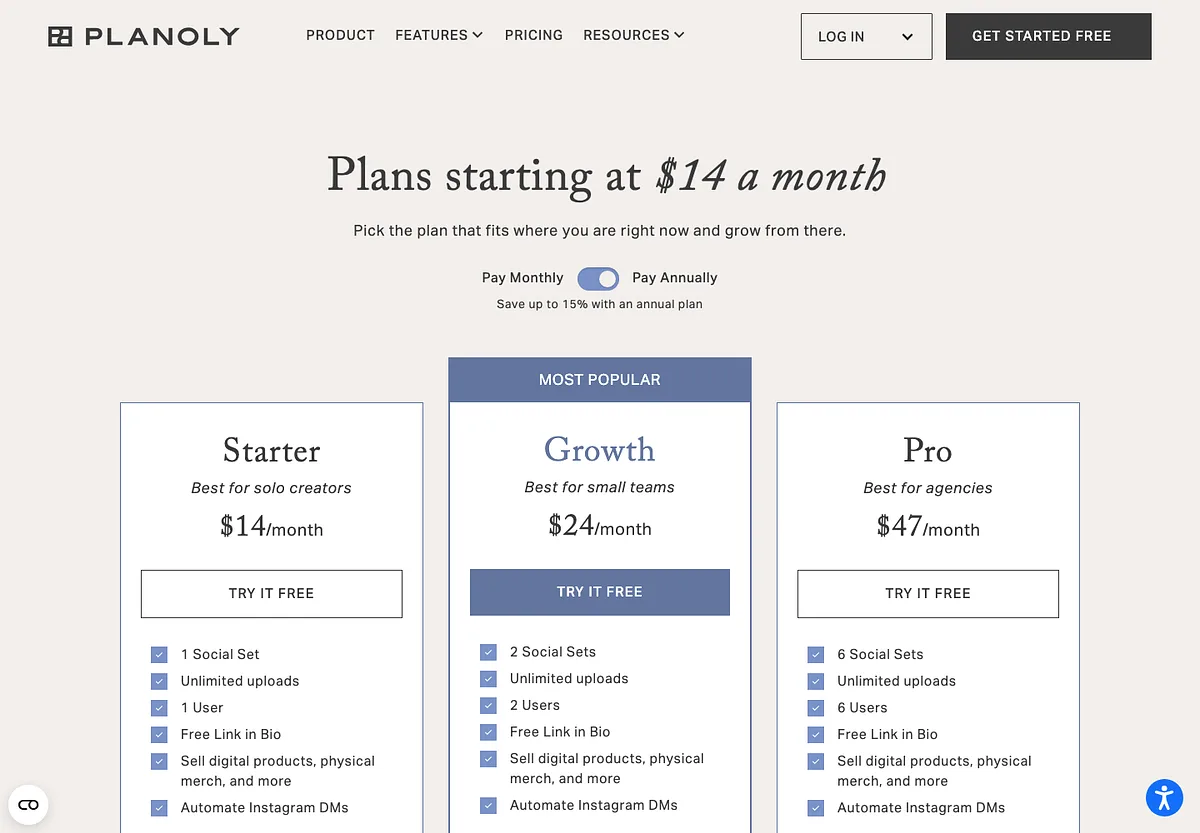 Planoly's pricing page: Starter at $14, Growth at $24 and Pro at $47 a month on annual billing