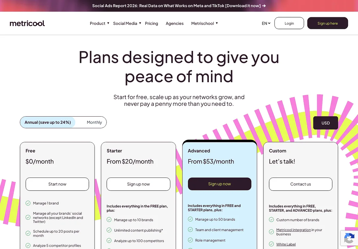 Metricool's pricing page: Free, Starter from $20 and Advanced from $53 on annual billing