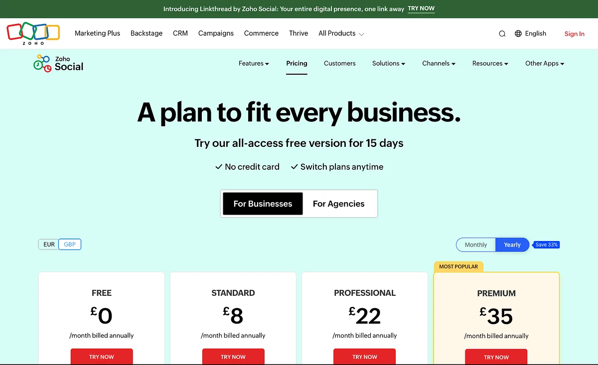 Zoho Social's pricing page: Free, Standard at £8, Professional at £22 and Premium at £35 a month on annual billing