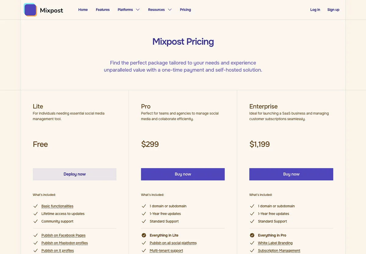Mixpost's pricing page: Lite free, Pro at $299 and Enterprise at $1,199, one-time payments