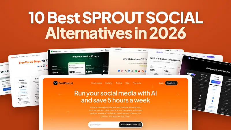 10 Best Sprout Social Alternatives in 2026: the pricing pages of Hootsuite, Agorapulse, Sprout Social, Statusbrew, Sendible and Vista Social behind the PostPost.ai homepage