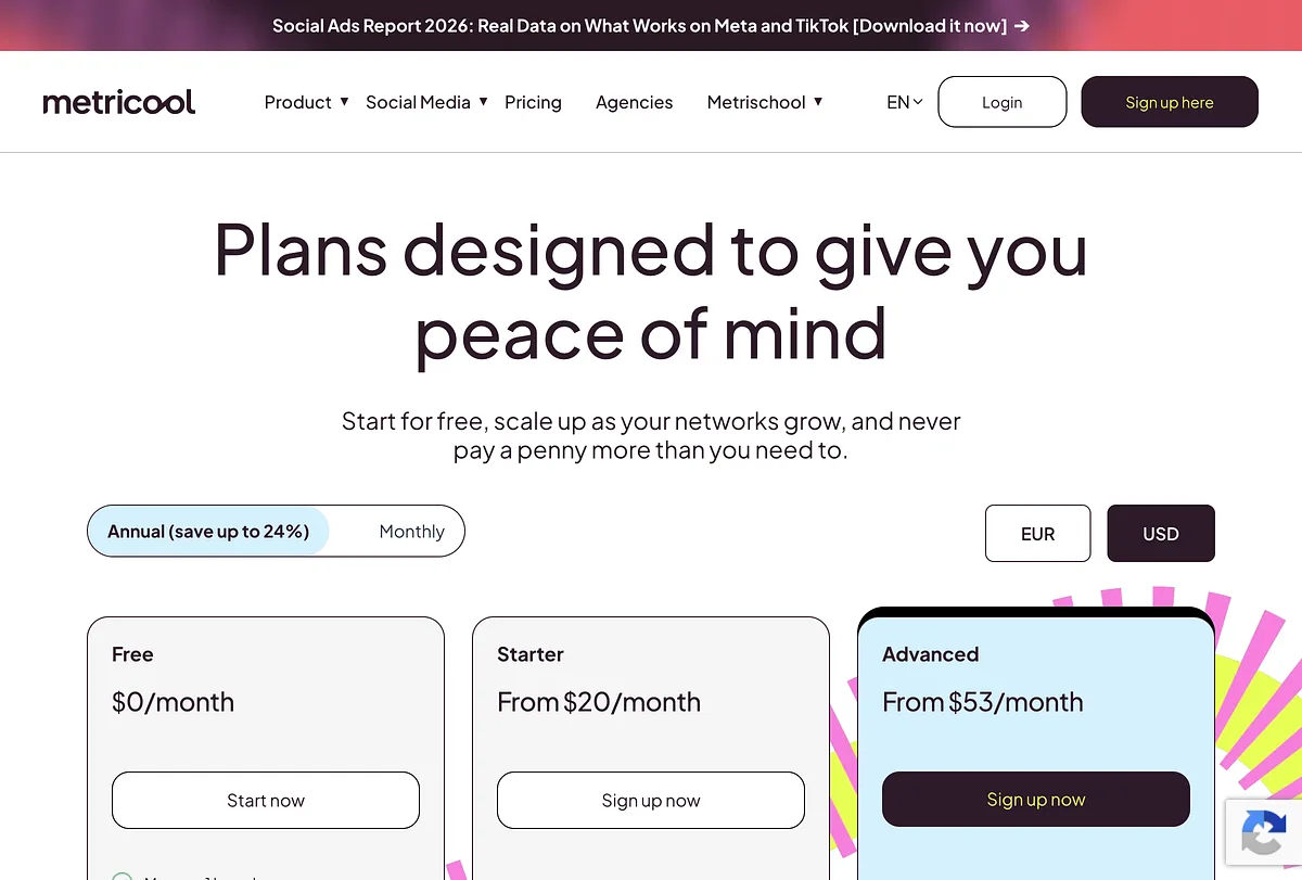 Metricool's pricing page: Free, Starter from $20 and Advanced from $53 on annual billing
