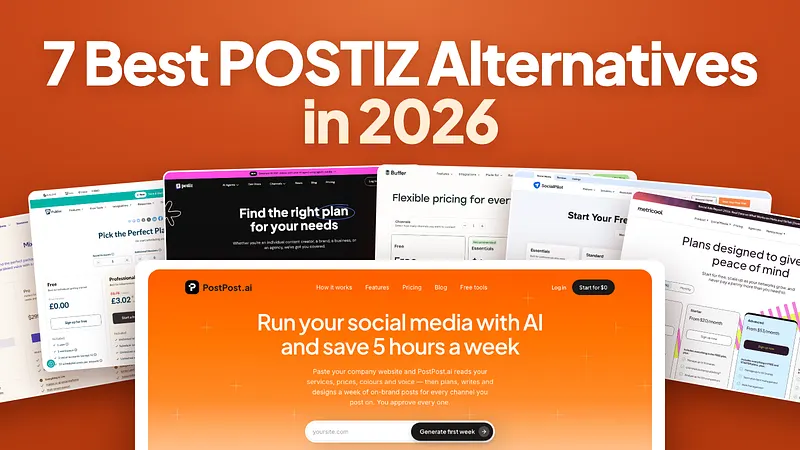 7 Best Postiz Alternatives in 2026: the pricing pages of Mixpost, Publer, Postiz, Buffer, SocialPilot and Metricool behind the PostPost.ai homepage