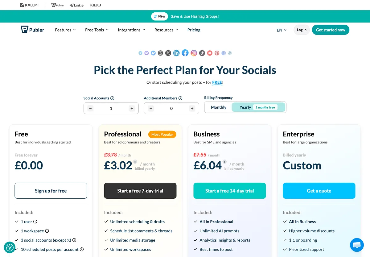 Publer's pricing page with a calculator by social accounts and team members