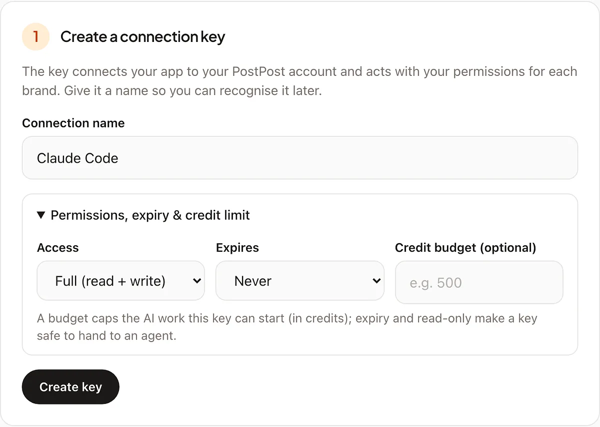 Creating a PostPost.ai connection key with read-only access, an expiry date and a credit budget