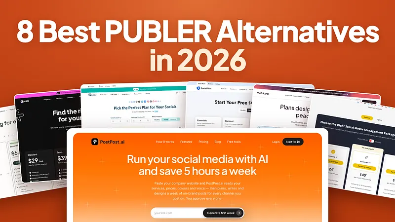 8 Best Publer Alternatives in 2026: the pricing pages of Buffer, Postiz, Publer, SocialPilot, Metricool and SocialBee behind the PostPost.ai homepage