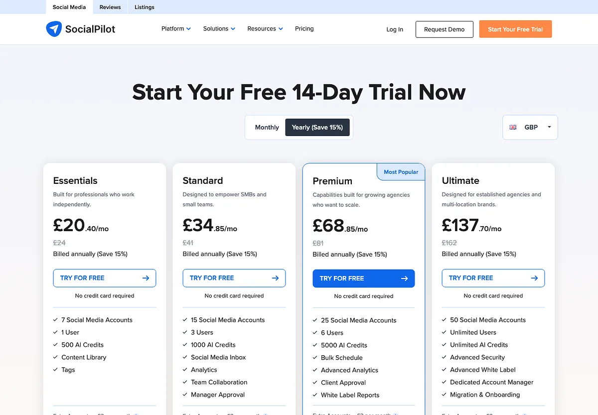 SocialPilot's pricing page: Essentials, Standard, Premium and Ultimate with accounts and users per plan