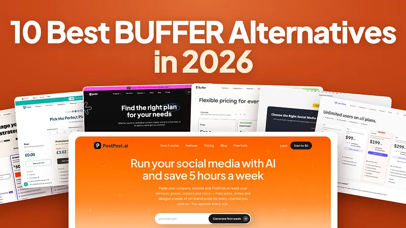 10 Best Buffer Alternatives in 2026: the pricing pages of Later, Publer, Postiz, Buffer, SocialBee and Sendible behind the PostPost.ai homepage