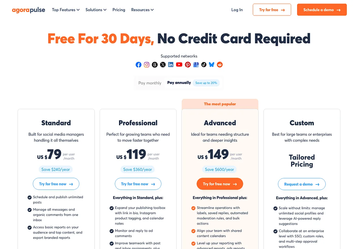 Agorapulse's pricing page on annual billing: Standard at $79, Professional at $119 and Advanced at $149 per user