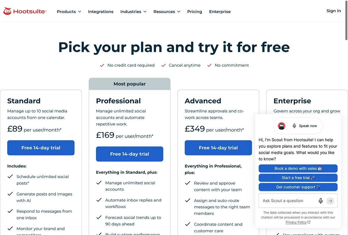 Hootsuite's pricing page: Standard, Professional and Advanced priced per user per month