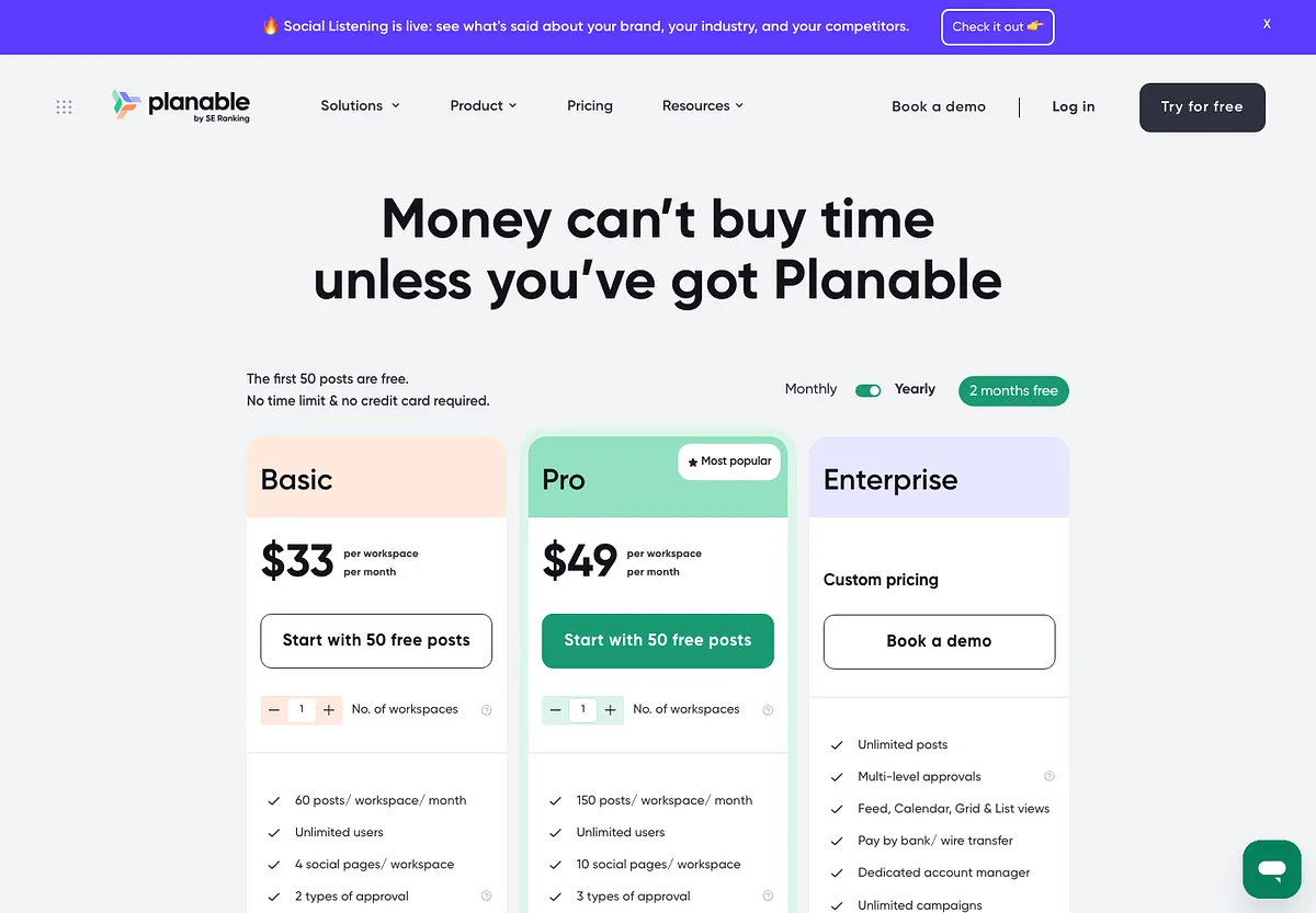 Planable's pricing page on annual billing: Basic at $33 and Pro at $49 per workspace