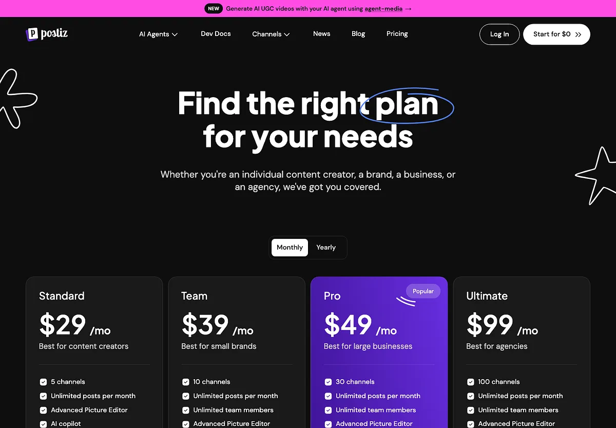 Postiz's pricing page: Standard at $29, Team at $39, Pro at $49 and Ultimate at $99 a month