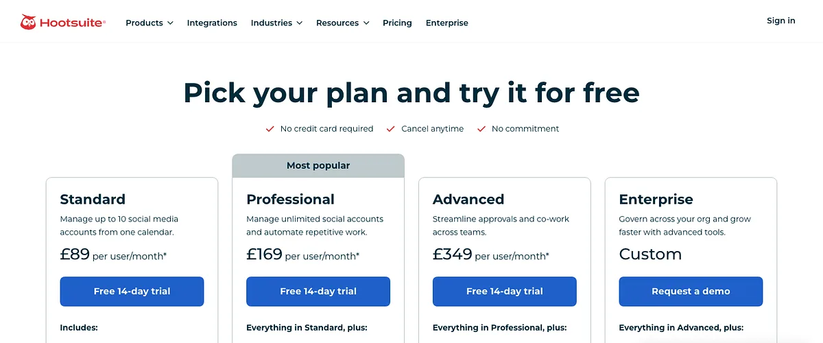 Hootsuite's pricing page: Standard, Professional and Advanced priced per user per month