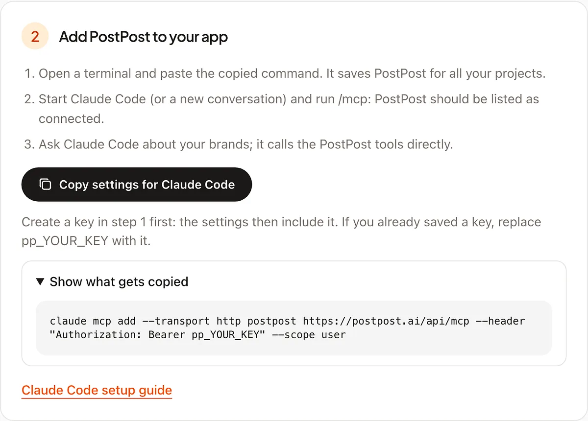 The PostPost.ai setup page with the ready-made settings for Claude Code