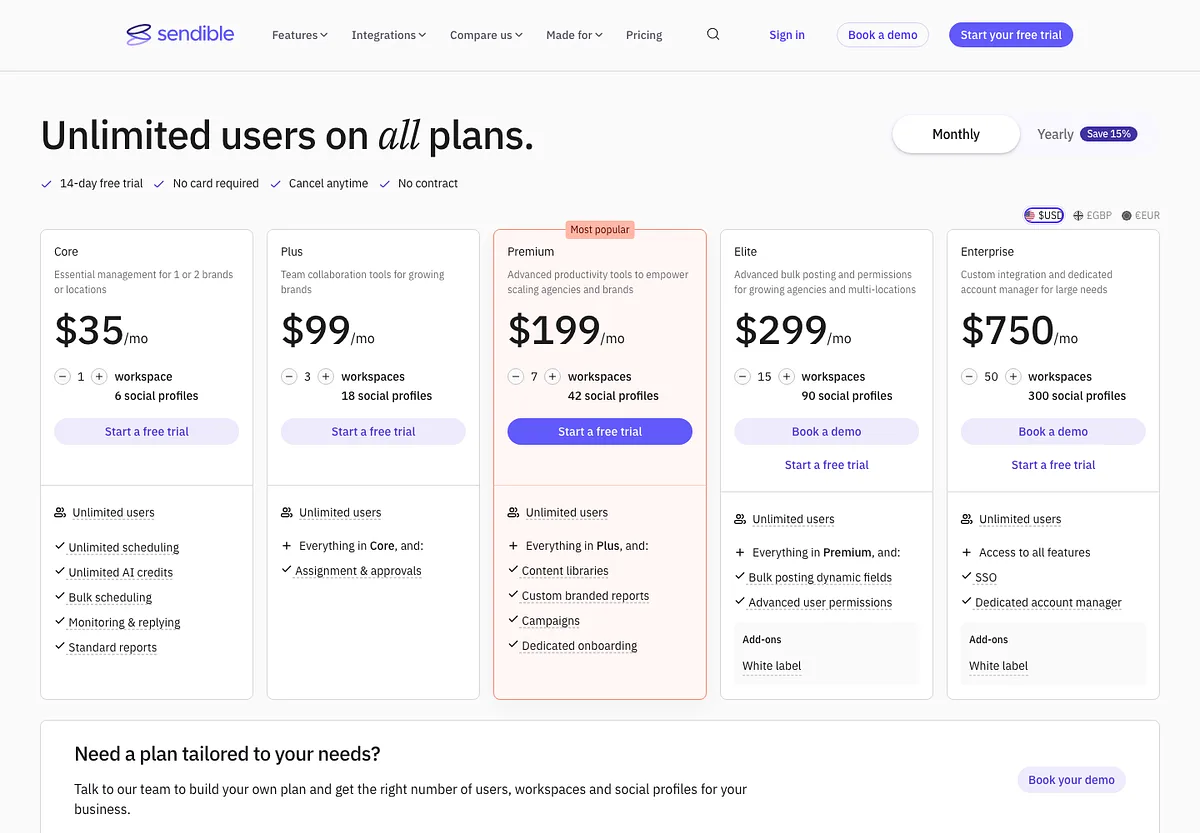 Sendible's pricing page: Core at $35 a month, headlined "Unlimited users on all plans"