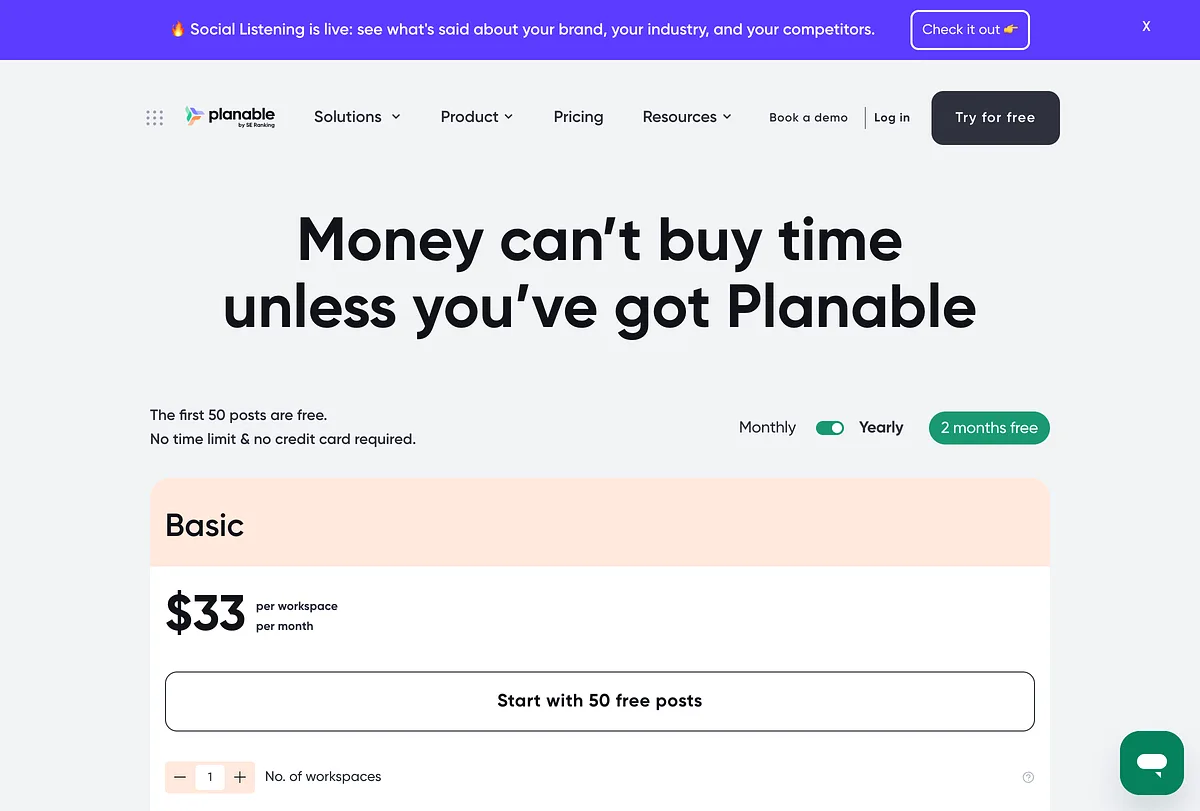 Planable's pricing page on yearly billing: Basic at $33 and Pro at $49 per workspace