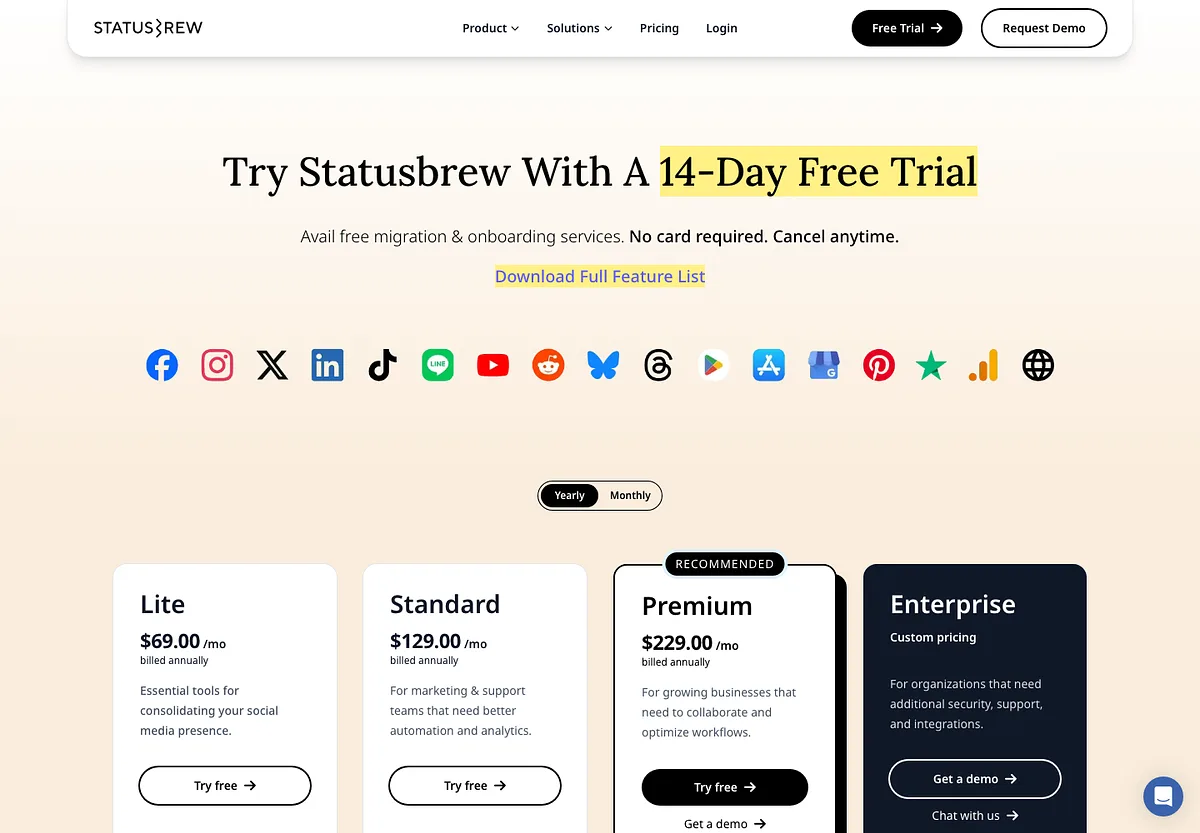 Statusbrew's pricing page: Lite at $69, Standard at $129 and Premium at $229 a month, billed annually