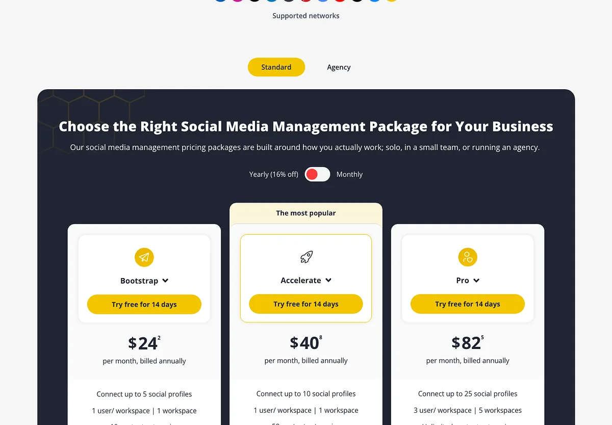 SocialBee's pricing page: Bootstrap, Accelerate and Pro on annual billing, one user on the first two